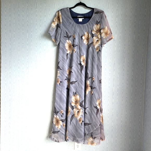 Vintage Y2K Tracy Richards 16P Floral Bias Cut Midi Dress Blue Gray Short Sleeve - Picture 1 of 11